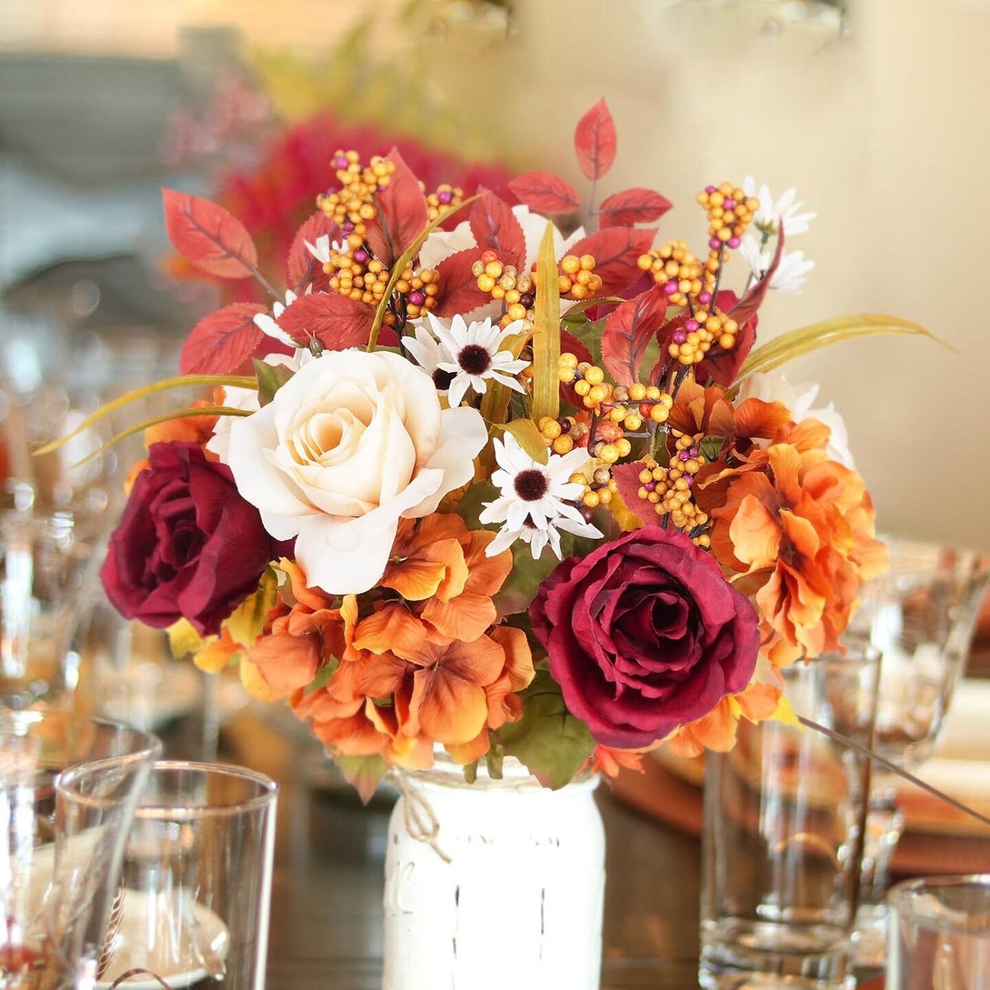 Artificial Fall Roses Large Silk Bouquets with Hydrangea
