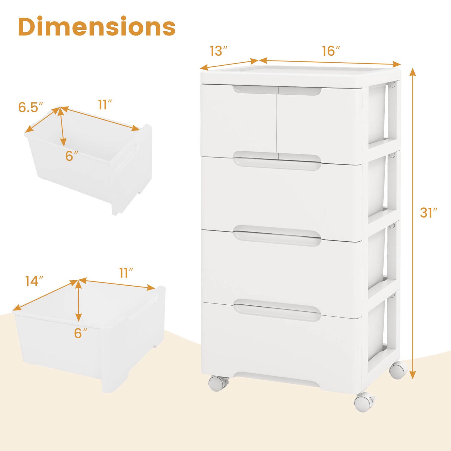 Costway 1/2 PCS 5-Drawer Plastic Rolling Storage Cart with 4 Universal Wheels Dresser Cabinet
