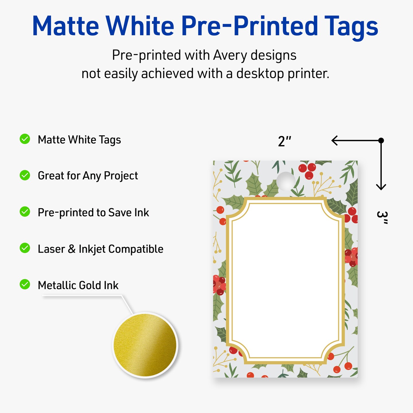 Avery Printable Tags with Sure Feed Technology, Rectangle, 2" x 3", Pre-Printed Light Blue Border with Metallic Gold Frame Design, Matte White, Laser & Inkjet Compatible, 80 Total