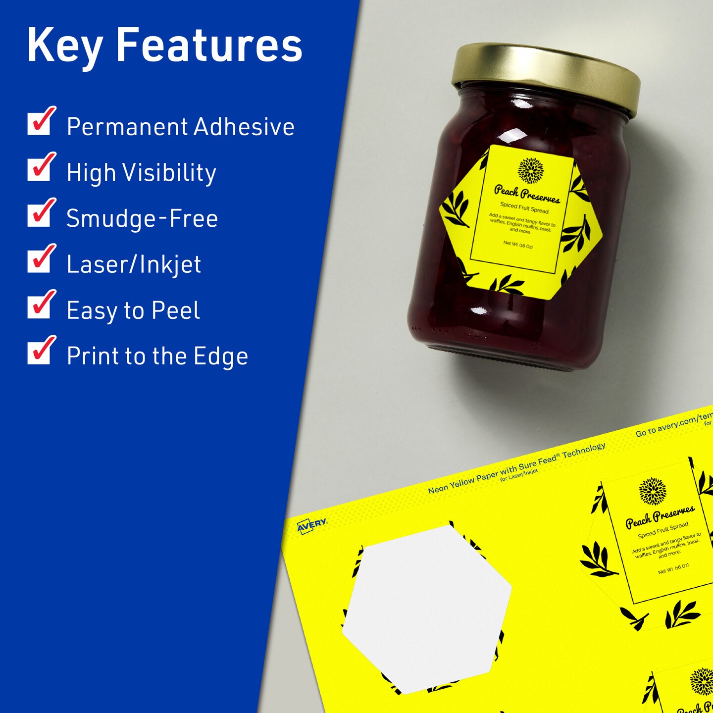 Avery Neon Yellow Paper Labels, 2-1/2&#x22; x 2-57/64&#x22; Hexagon