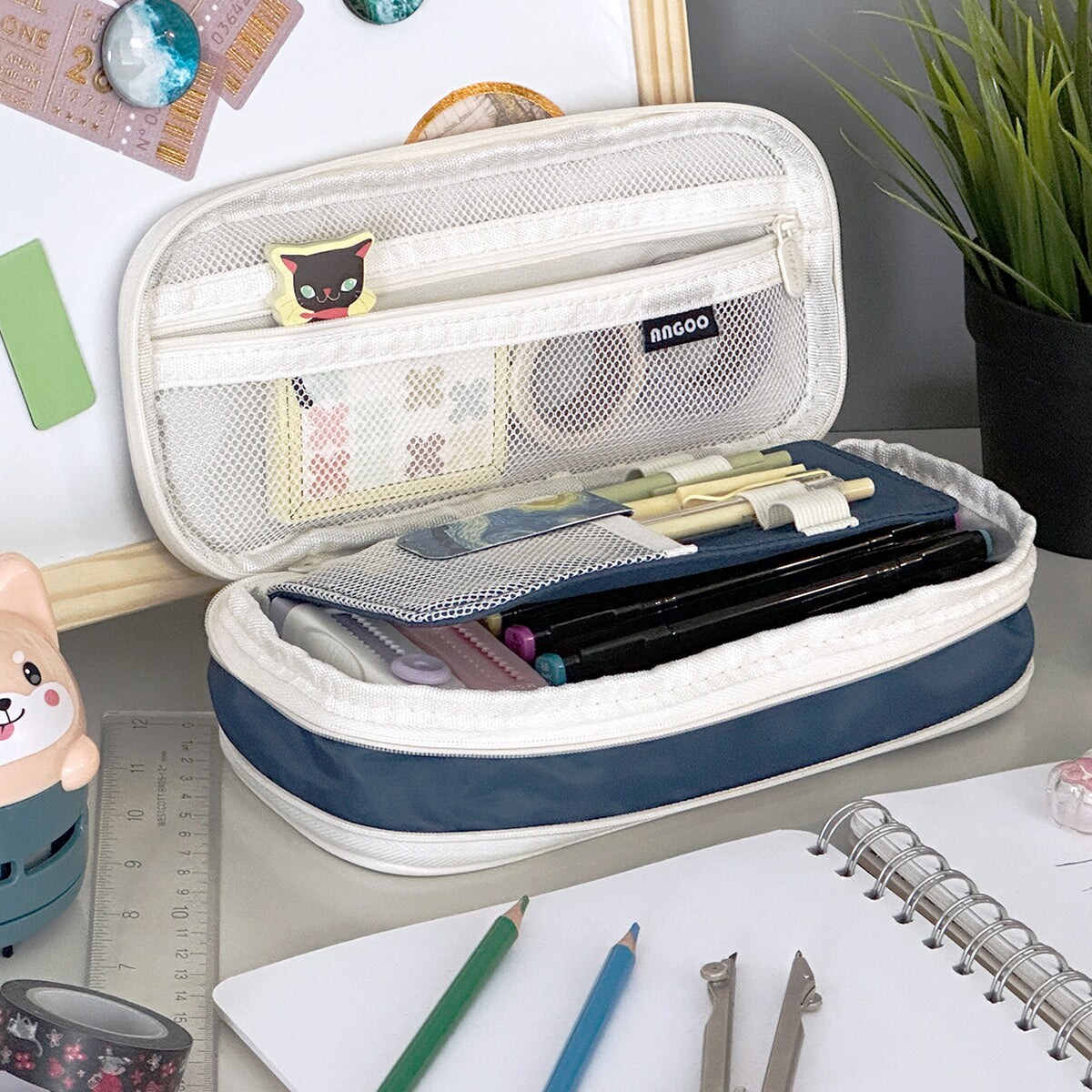 Wrapables Large Capacity Pencil Case, Expandable Pencil Pouch with 3 Washi Rolls, Navy
