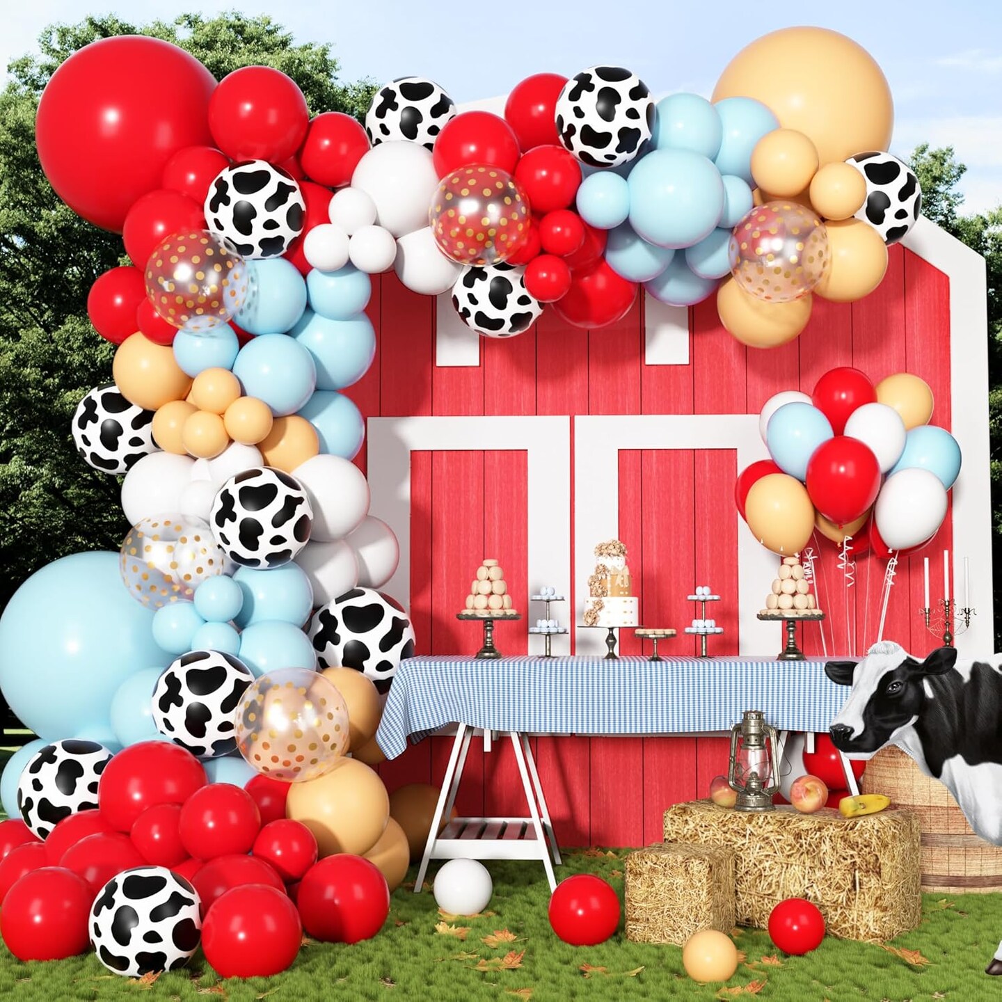 170Pcs Farm Animal Balloon Garland Arch Kit, Red Blue Tan White Cow Print Balloons