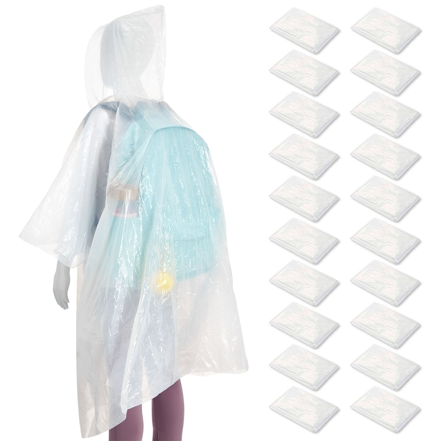 BLUE PANDA 20-Pack Disposable Rain Ponchos with Hood for Kids, Lightweight Emergency Plastic Poncho for Boys &#x26; Girls, Ideal for Outdoor Events, Travel, Camping, Hiking, and Festivals, White
