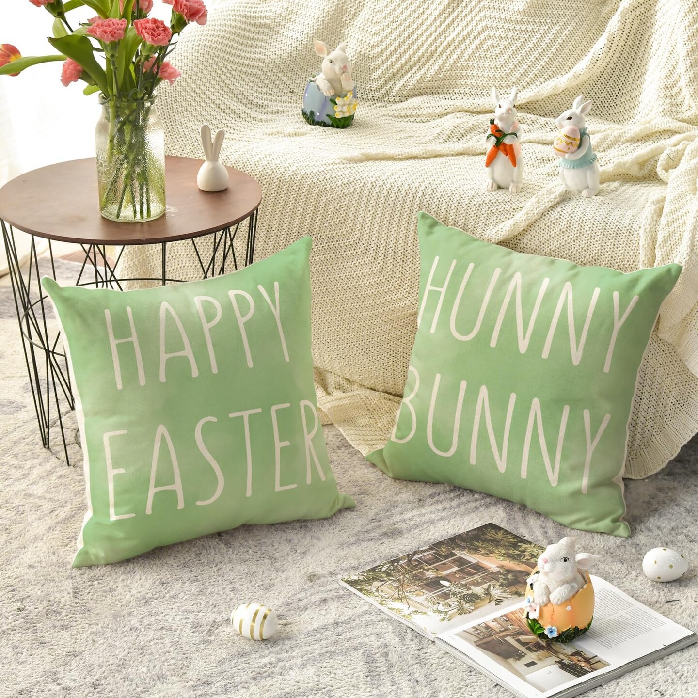 Set of 4 Happy Easter &#x22;Hunny Bunny&#x22; Green Throw Pillow Covers &#x2013; 18&#x22; x 18&#x22; Spring Cushion Cases for Sofa &#x26; Couch