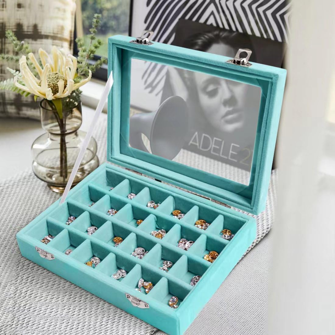 Jewelry Box 24-Grid Velvet Earring Holder Tray – Detachable Jewelry Organizer with Clear Glass Lid for Rings, Earrings, Necklaces, Bracelets – Light Blue (Light blue)