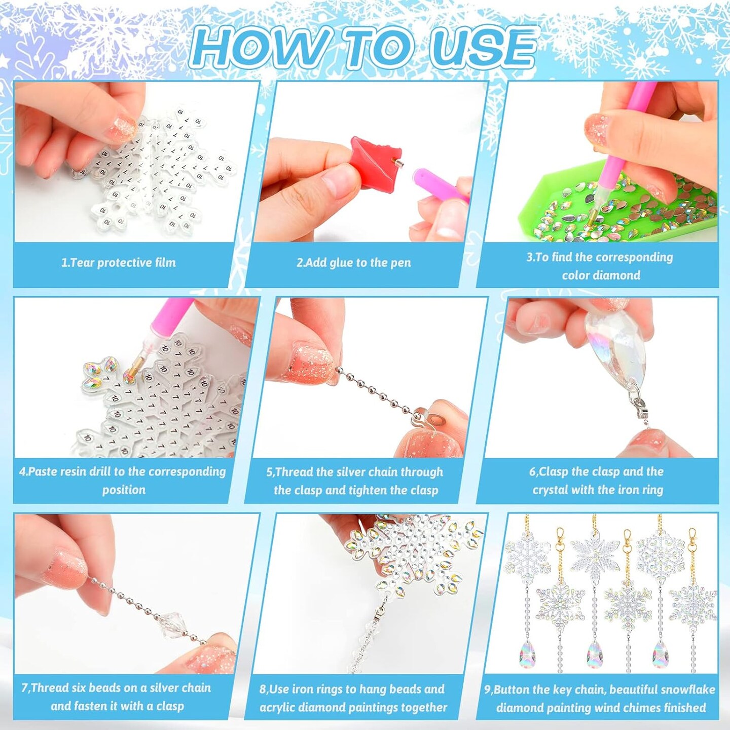 6 Pieces Snowflake Diamond Art Kits Double Sided Diamond Art Suncatchers Wind Chimes Hanging Accessories for DIY Crafts Home Windows Decoration