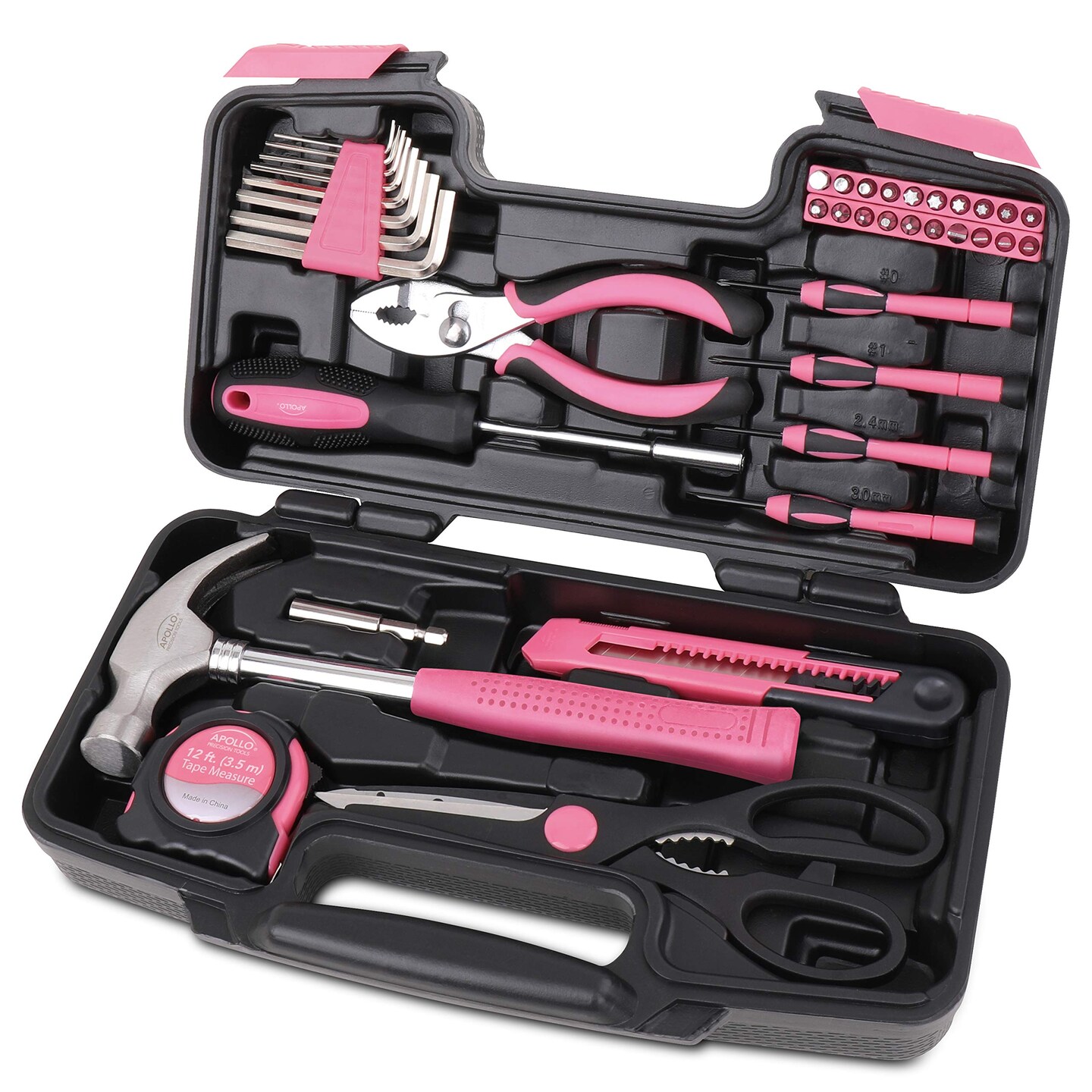 Tools Original 39 Piece General Household Tool Set in Toolbox Storage Case with Essential Hand Tools for Everyday Home Repairs, DIY and Crafts - Pink Ribbon - Pink - DT9706P