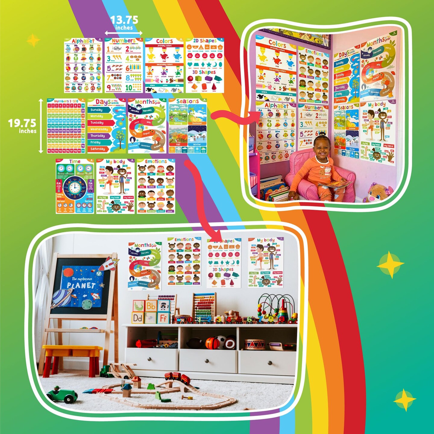 Educational Posters for Toddlers - Classroom Posters - Playroom Decor - Daycare Classroom Decor - Preschool Home School Essentials - ABC Poster - Kids Posters 11 Charts (Non-Laminated)