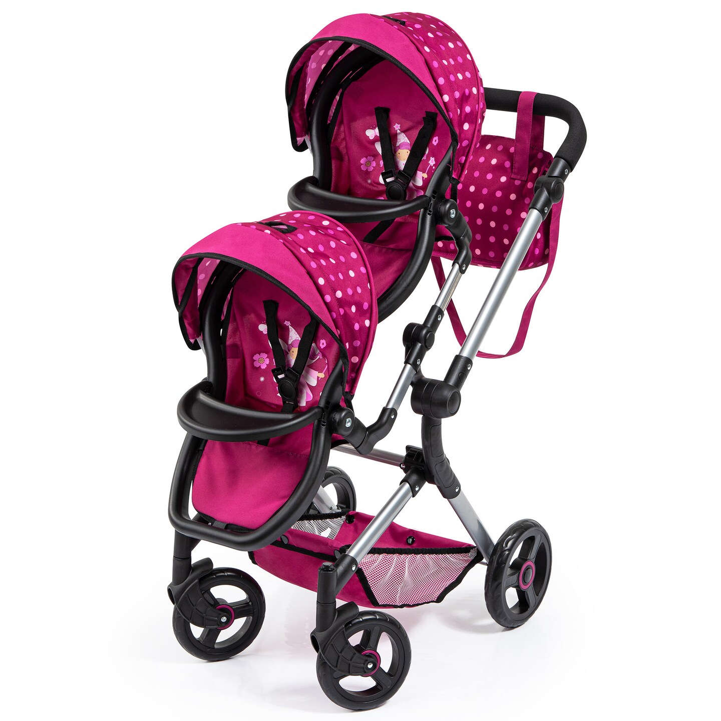 Doll Pram Neo Twin W/ Shoulder Bag, Hot Pink &#x26; Polka Dots, Fairy