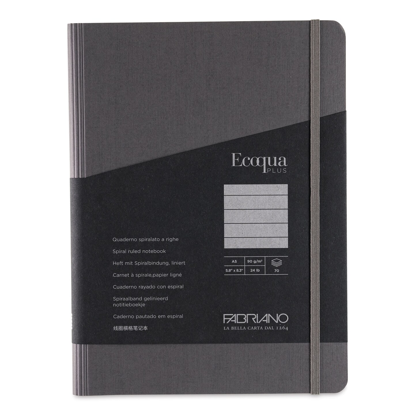 Fabriano Ecoqua Plus Hidden Spiral-Bound Notebook - Grey, 8-1/4" x 5-4/5", Ruled
