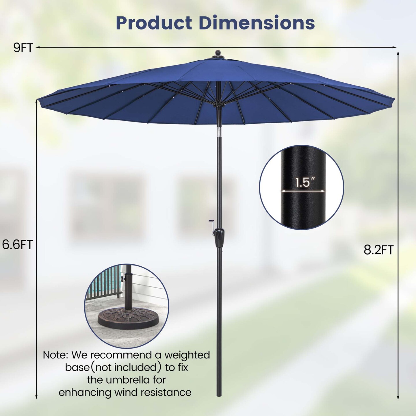 Costway 9 FT Patio Round Market Umbrella with Push Button Tilt, Crank Handle, Vented Top Tan/Navy/Wine/Turquoise