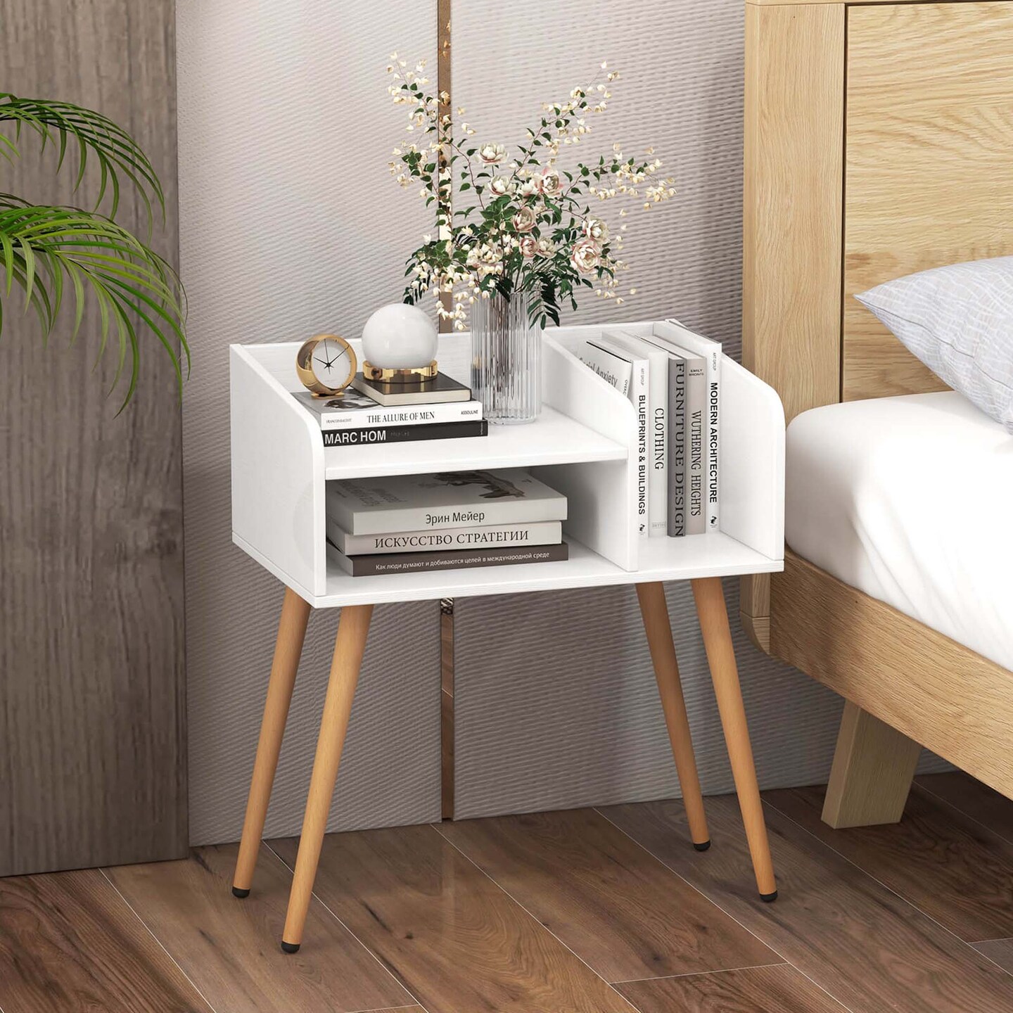 Costway Mid Century Modern End Table with Open Shelves Metal Support Legs for Bedroom White/Black/Coffee