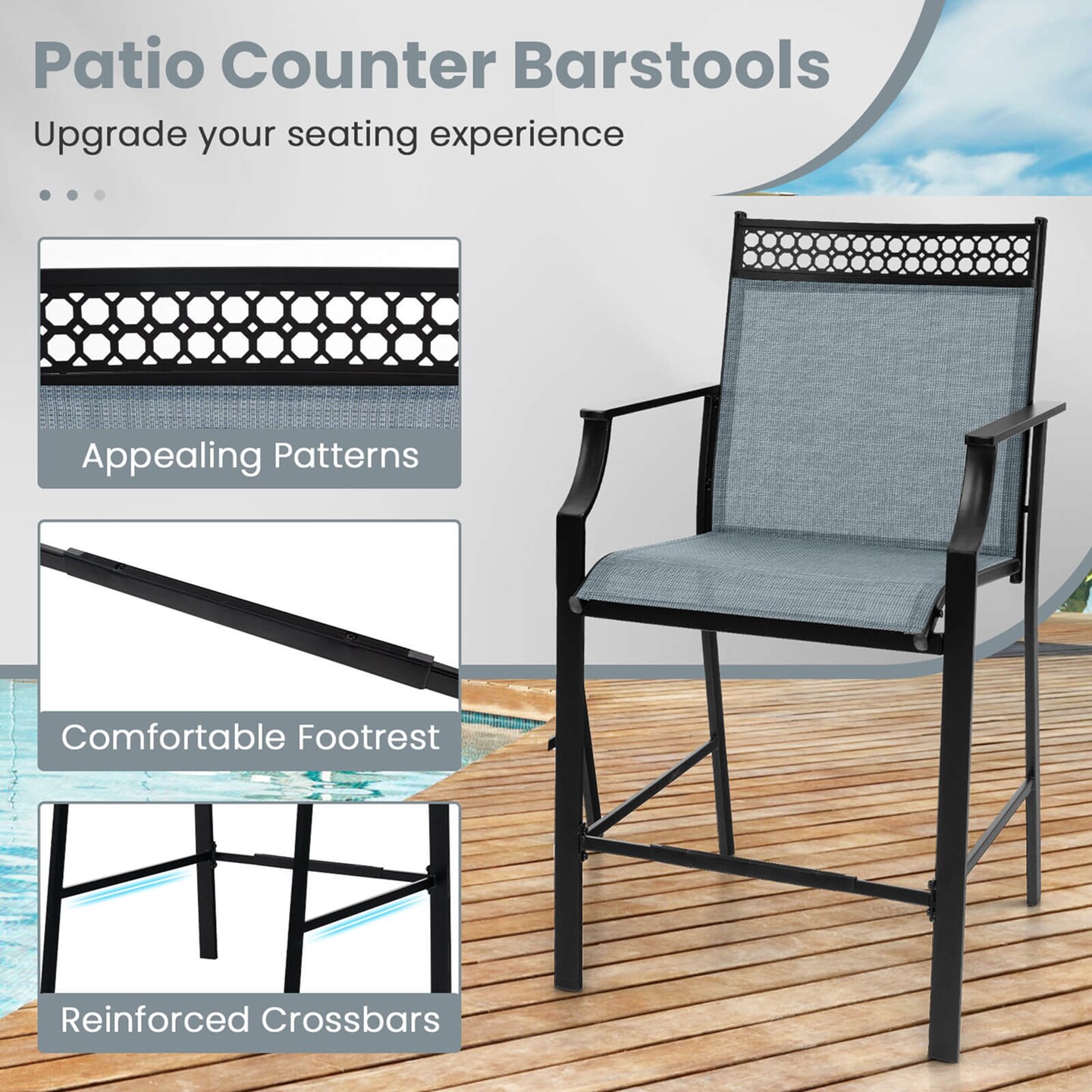 Costway Outdoor Counter Stools Set of 2 with Footrest &#x26; Armrests Metal Frame for Backyard Blue/Coffee/Red