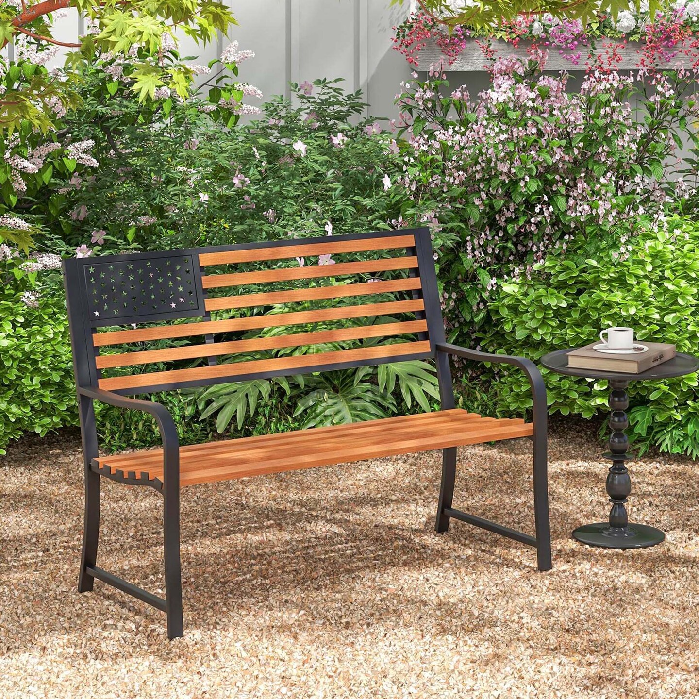 Costway 50&#x22; Outdoor Garden Bench with Flag Pattern Backrest &#x26; Rustic Wood Grain Finish