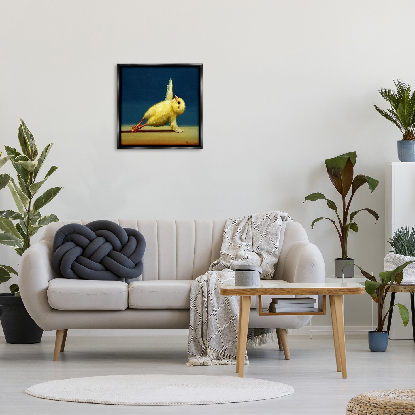 Stupell Industries Yellow Chick Stretching Yoga Framed Floater Canvas Wall Art
