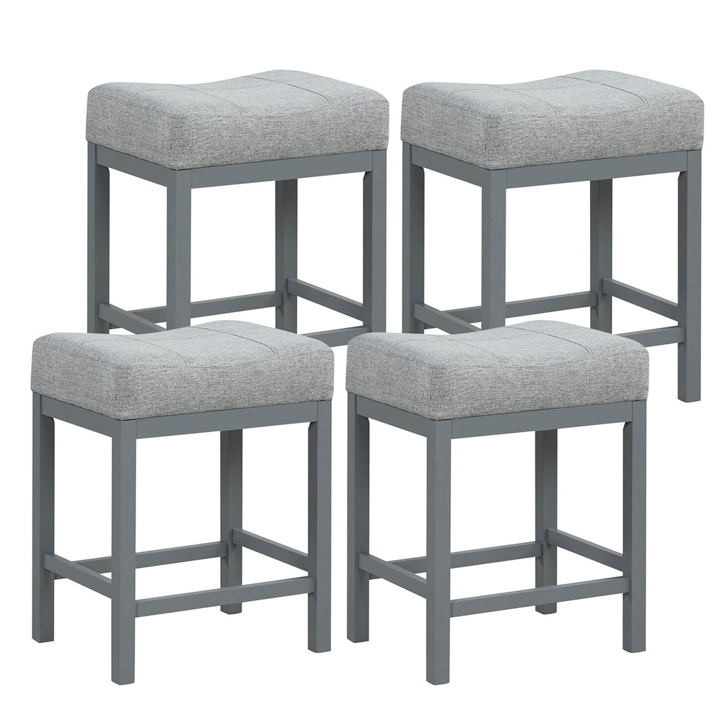 Costway 24.5&#x22; Bar Stool Set of 4 with Solid Rubber Wood Frame Humanized Footrest Kitchen White/Gray