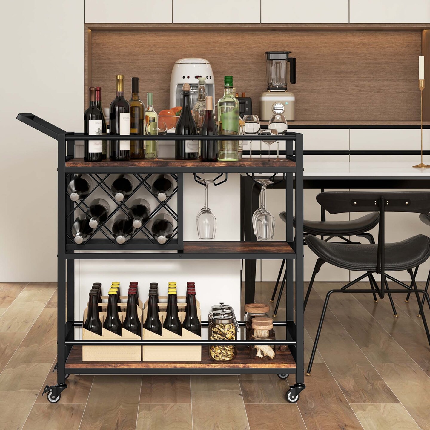 Costway 3-tier Bar Cart on Wheels Home Kitchen Serving Cart with Wine Rack &#x26; Glass Holder Rustic Brown/Brown