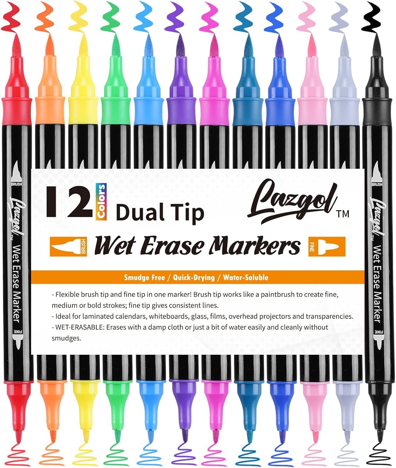 Wet Erase Markers Dual Tip, 12 Assorted Colors, Dual Tip Brush &#x26; Fine Overhead Transparency Smudge Free Markers for Dry Erase Whiteboard, Refrigerator Calendars, Glass, Films and Any Kind Of