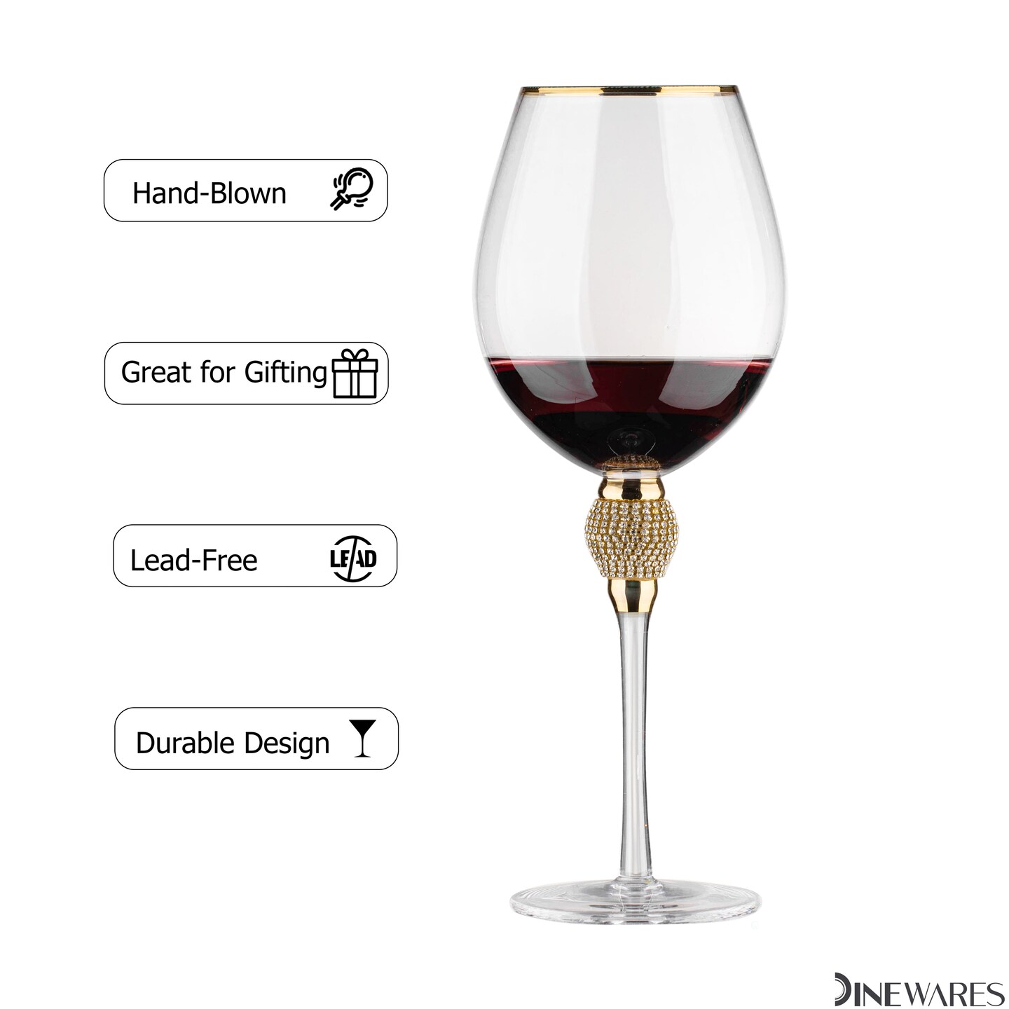 Rimmed Red Wine Glasses with Diamond Rhinestone Accent - 18 oz, 10 Inches Tall - Perfect Toasting Glasses for Bride and Groom, Great for Party, Wedding Anniversary and Special Occasion