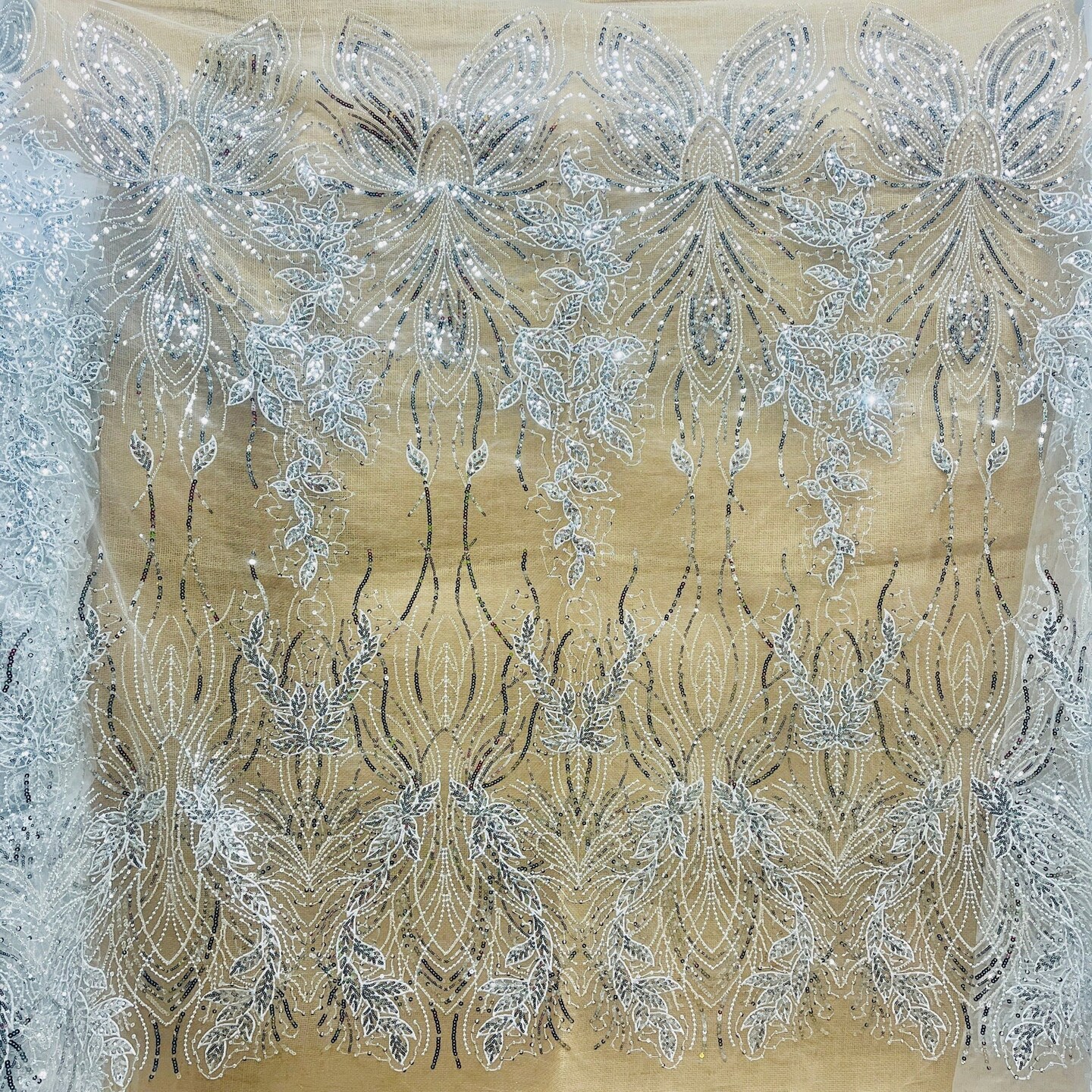 1 Yard Silver Beaded & Sequined Embroidered Lace Fabric on 100% Polyester Mesh, 52" Wide