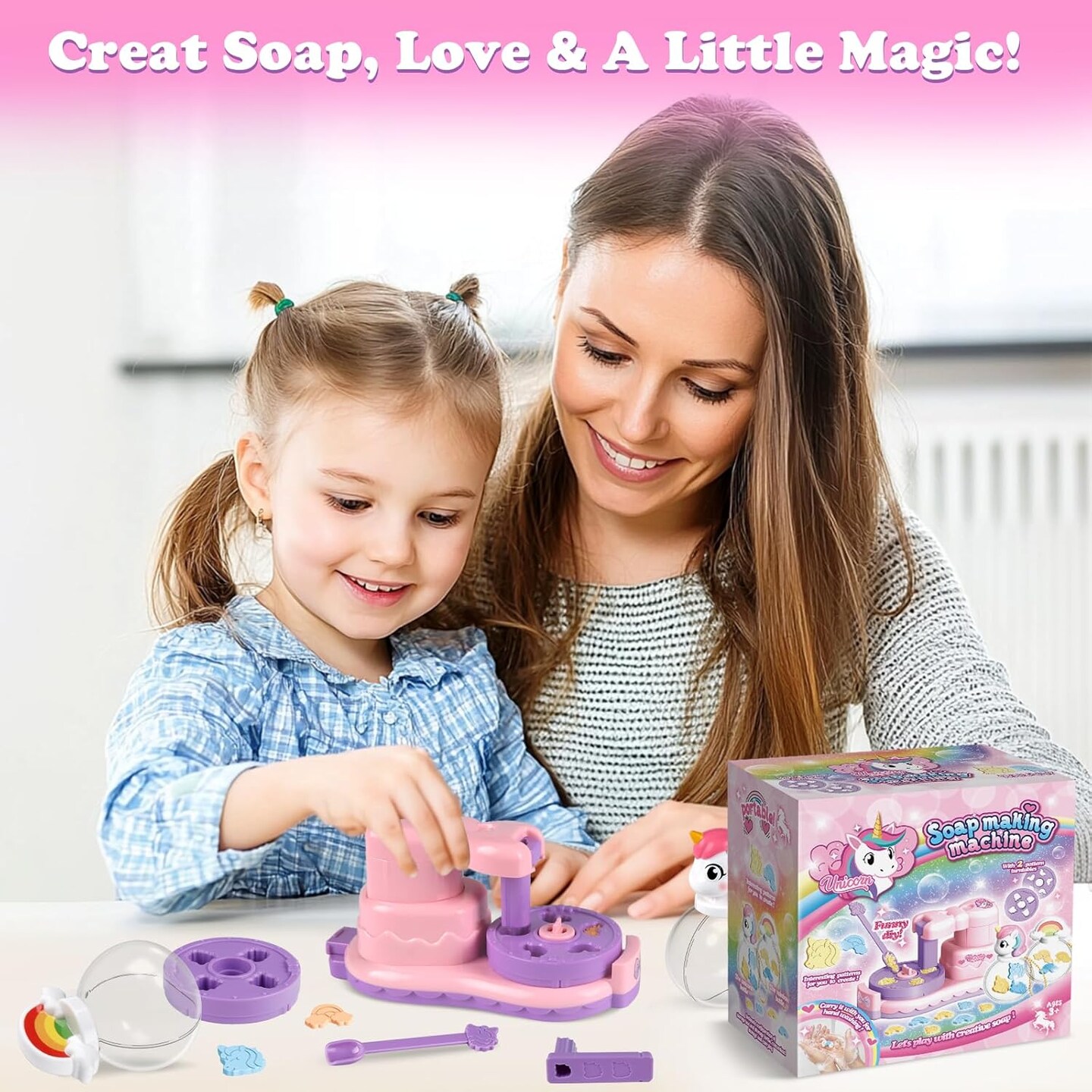 Unicorn &#x26; Rainbow Soap Making Kit - DIY Mini Soap Maker for Kids Ages 3+, Includes 2 Portable Storage Bottles
