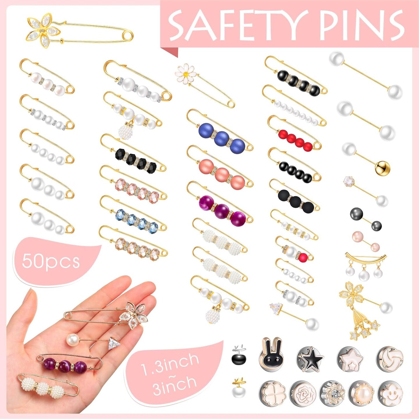 50 Pcs Charms for Socks with Storage Box Brooches and Pins for Women Pearl Brooches Decorative Safety Pin Jewelry Safety Pin for Clothing Dresses Decoration Accessories