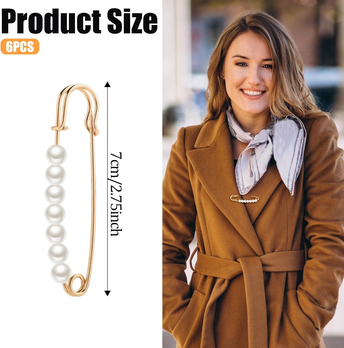 6 Pcs Faux Pearl Brooch Pins Decorative Safety Pins Pants Clips to Tighten Waist Sweater Shawl Clips Large Shawl Pins for Women Clothing Dress Pants Skirt Accessories Waist Extender Decoratine Pins