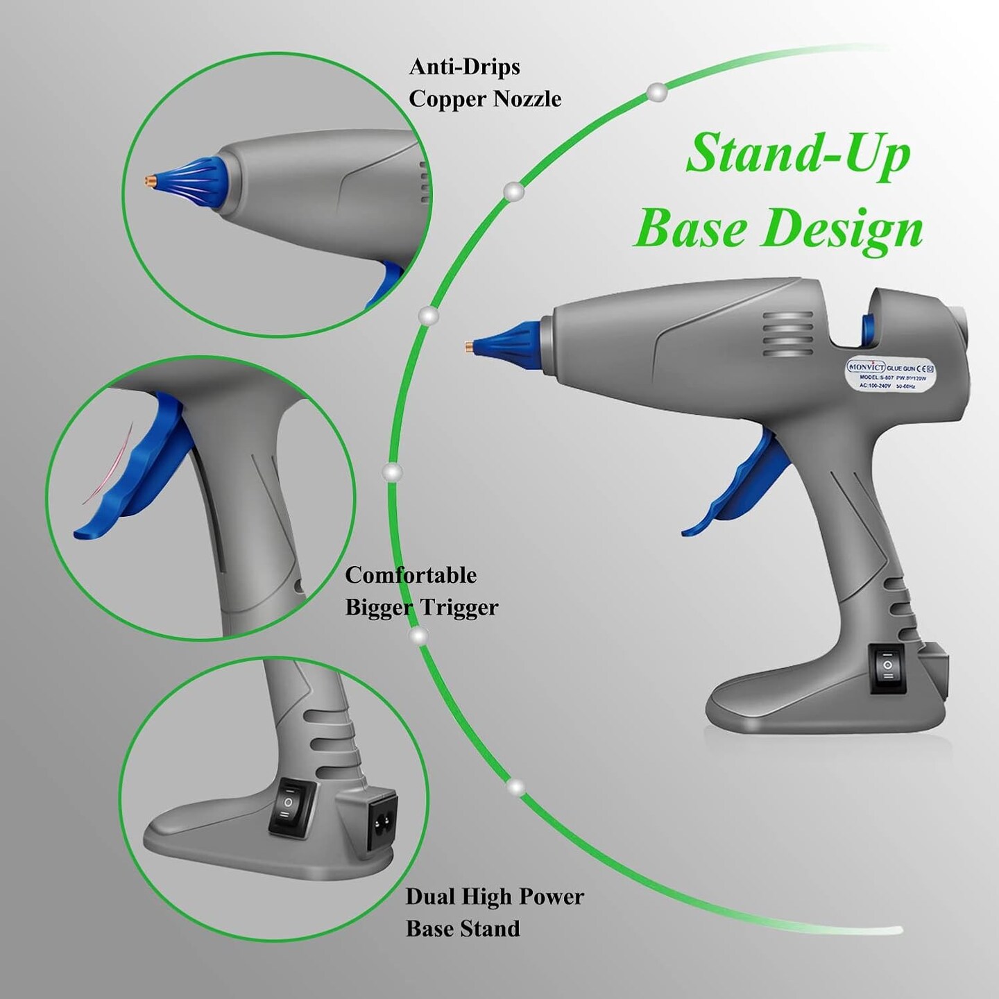 Full Size Hot Glue Gun, 120W&#x26;80W Glue Guns Dual Temp Large Industry Glue Gun, Corded Detachable Cord Use Stand-Up Base Anti-drip Hot Melt Glue Gun with 12 Glue Sticks for Art DIY Craft Repair