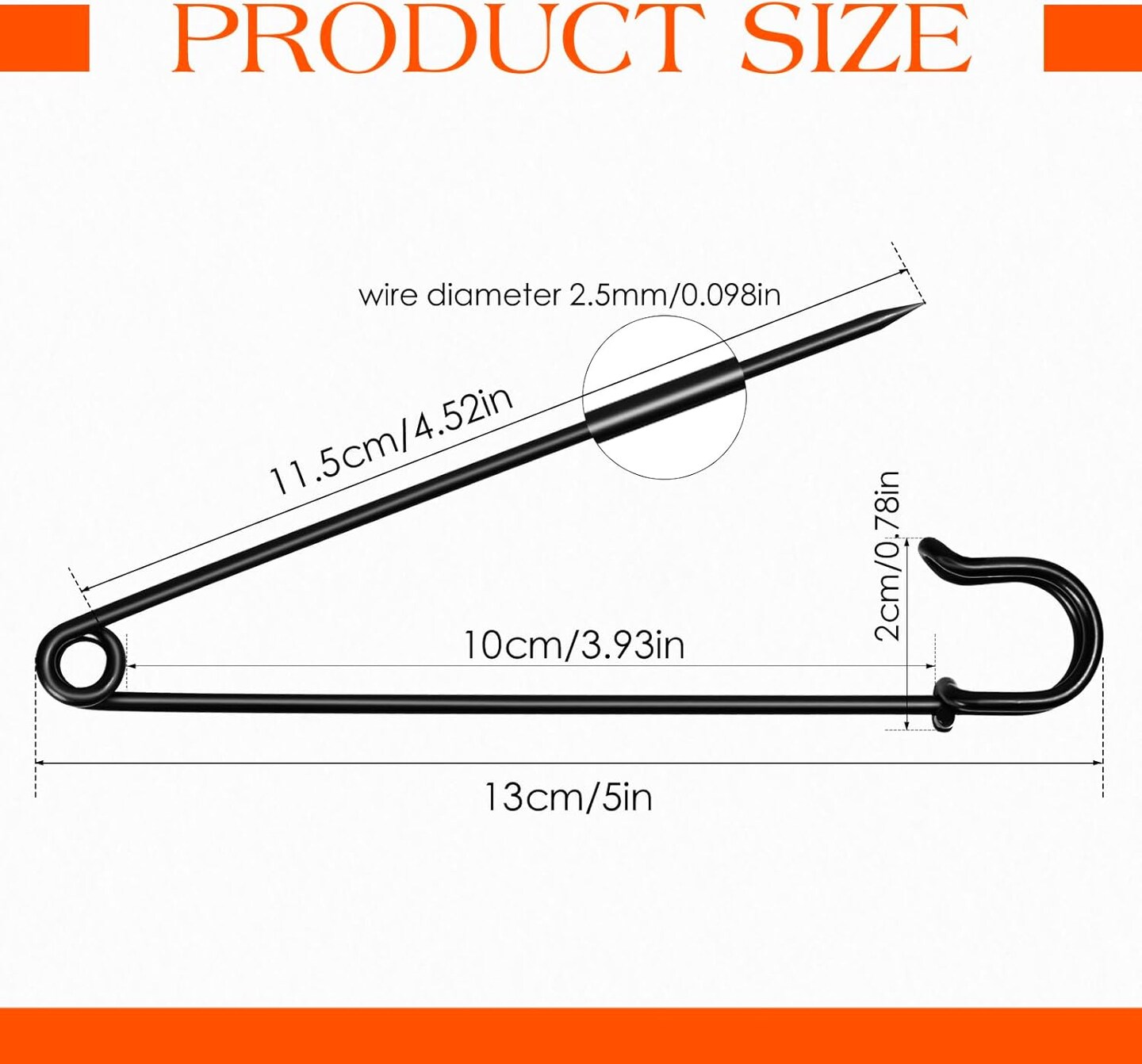 Extra Large Safety Pins Heavy Duty, 5 inch Giant Safety Pin, 10 PCS Black Big Safety Pin, Jumbo Safety Pins for Clothes, Blankets, Thick Fabric, Decorations