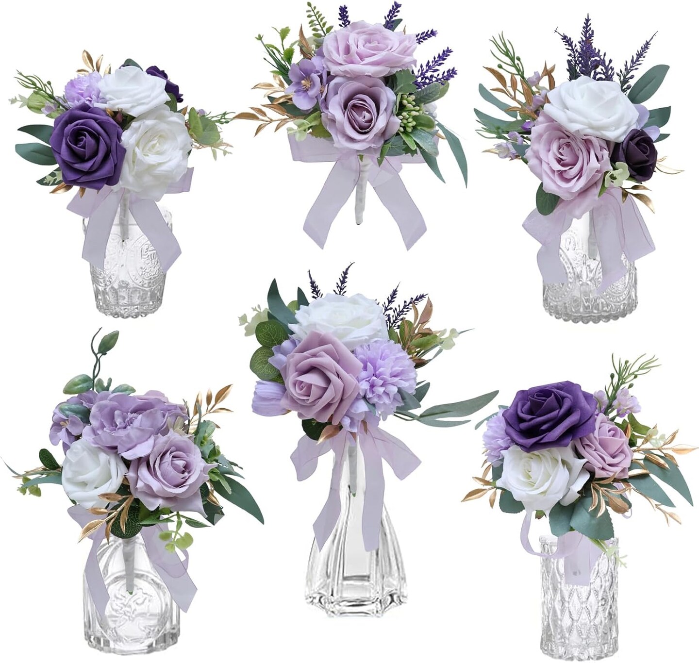 Set of 6 Purple Artificial Wedding Flower Centerpieces, Pre-Made Mini Bridesmaid Bouquets with PE & Silk Flowers, Faux Lavender Floral Arrangements for Wedding Reception Table, Bridal Shower, Home Decor