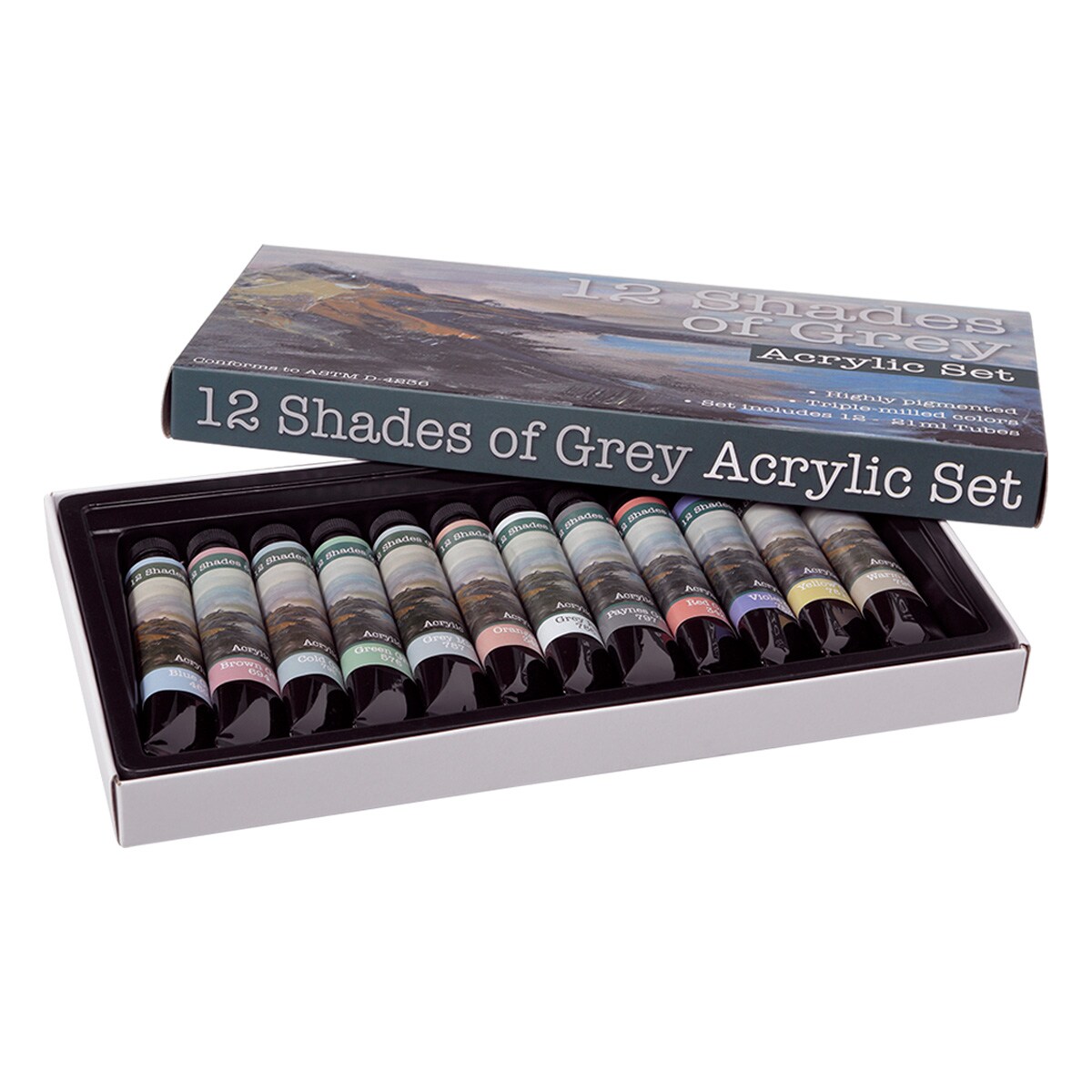 12 Shades Of Grey Acrylic Paint Set, Assorted Greys (21ml/0.7oz