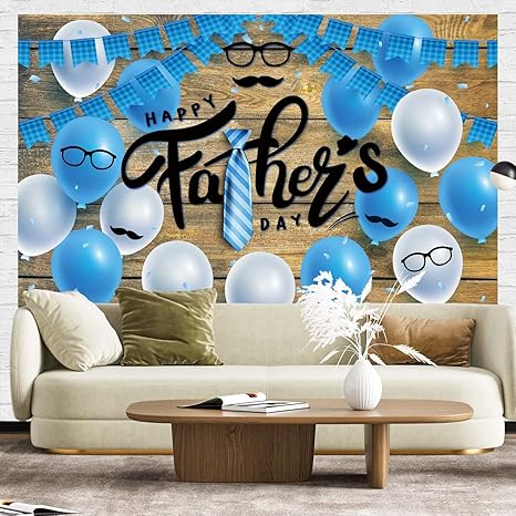 Happy Fathers Day Backdrop Father Day Photography Happy Father’s Day Party Decorations Favors and Supplies Tie Beard Blue Balloon Wood Panel Backdrop Father’s Day Indoor Outdoor Decorations