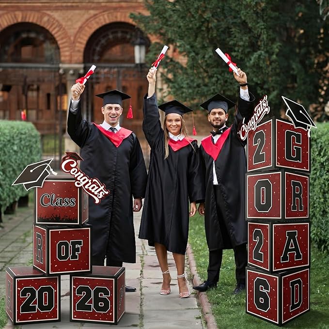 2026 Graduation Decorations, 4Pcs Graduation Boxes, So Proud of You and Class of 2026 Grad Balloon Boxes, Black Red Congrats Box for College, High School, Prom Party Supplies