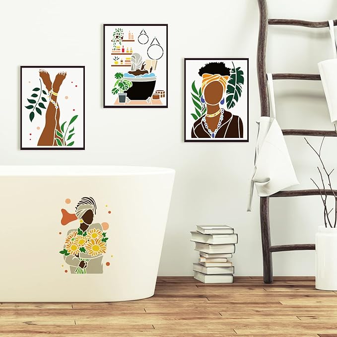 6 pcs African Tribal Women Stencils 8.3x11.7inch Reusable African American Painting Stencil Female Silhouette Bathroom Decoration Stencil for Painting on Wood, Wall and Furniture