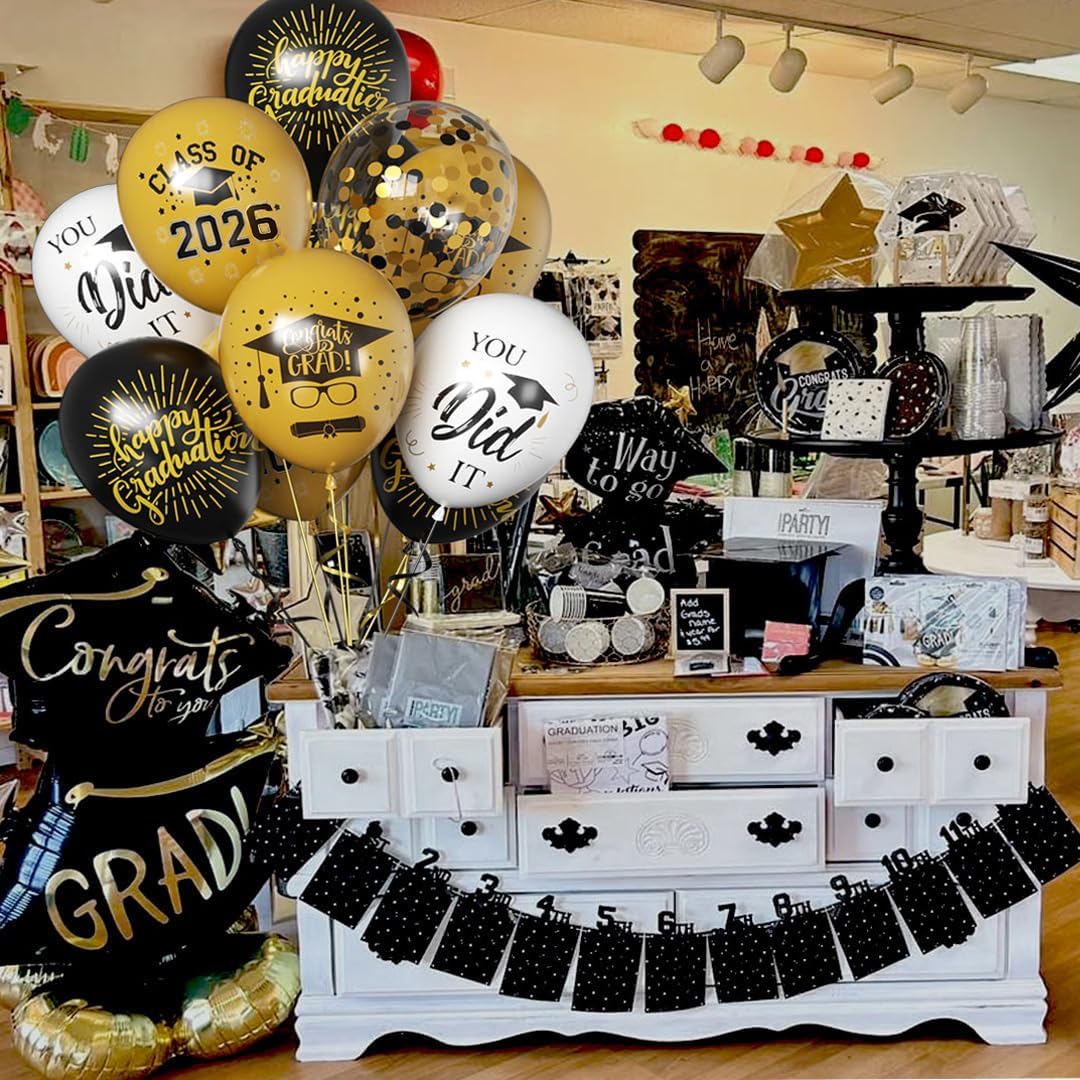 50 Pack Graduation Party Decorations Balloons Set - 12 Inch Graduation Balloons 2026 Black Gold Grad Balloon for Grad Party Decoration Supplies