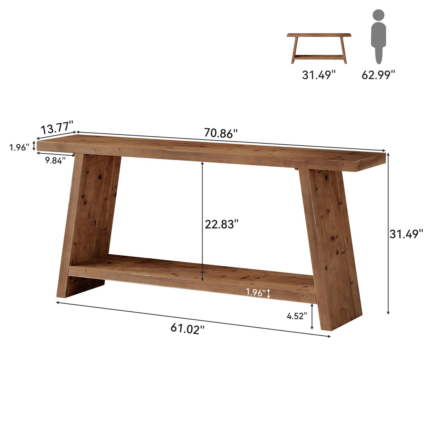 70.9" Solid Wood Entryway Console Table with 2-Tier Storage Shelf