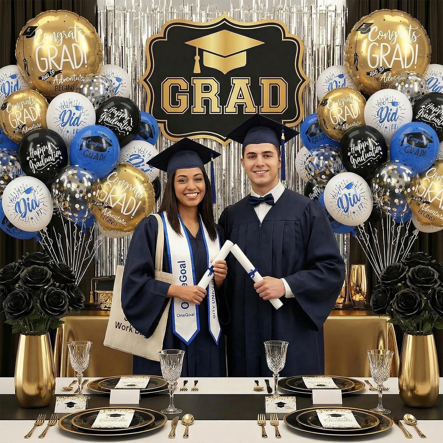 32Pcs Blue and Black Graduation Balloons 2026 - Navy, Black & White Latex Set with Confetti and Mylar Balloons - Class of 2026 Congrats Grad Party Decorations for High School and College