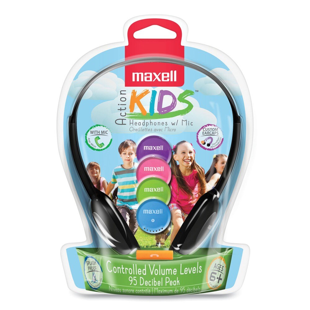 Maxell 4 ft. Cord Kids Safe Headphones with Inline Microphone - Black with Interchangeable Pink/Blue/Silver Caps
