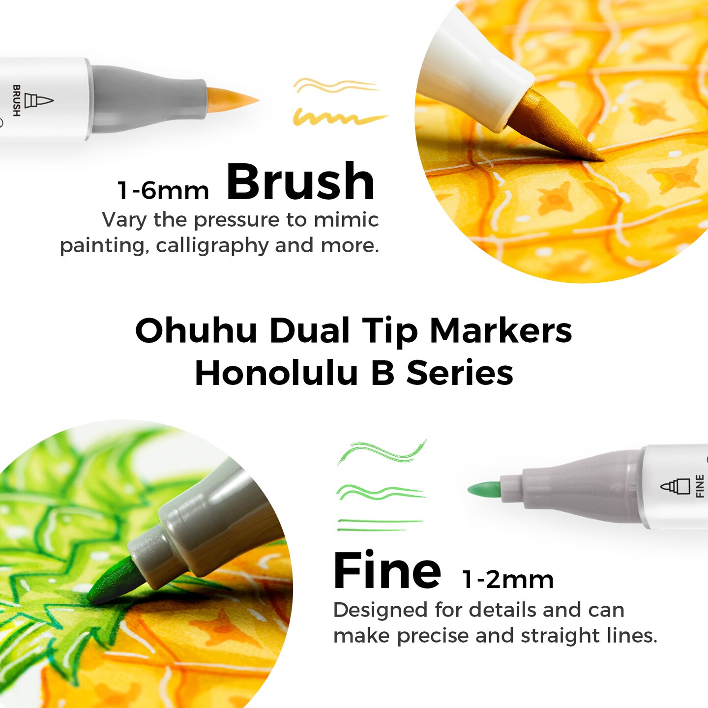 Ohuhu Honolulu B 168 Colors Brush & Fine Dual Tip Alcohol Marker Set + 8-size Tips Fineliner Pens