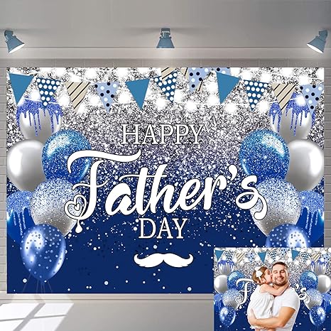 7x5ft Blue and Silver Glitter Happy Father's Day Backdrop - I Love Dad Large Photography Background Banner | Thank You Daddy Festival Party Supplies, Family Photo Booth Props for Video & Wall Decor