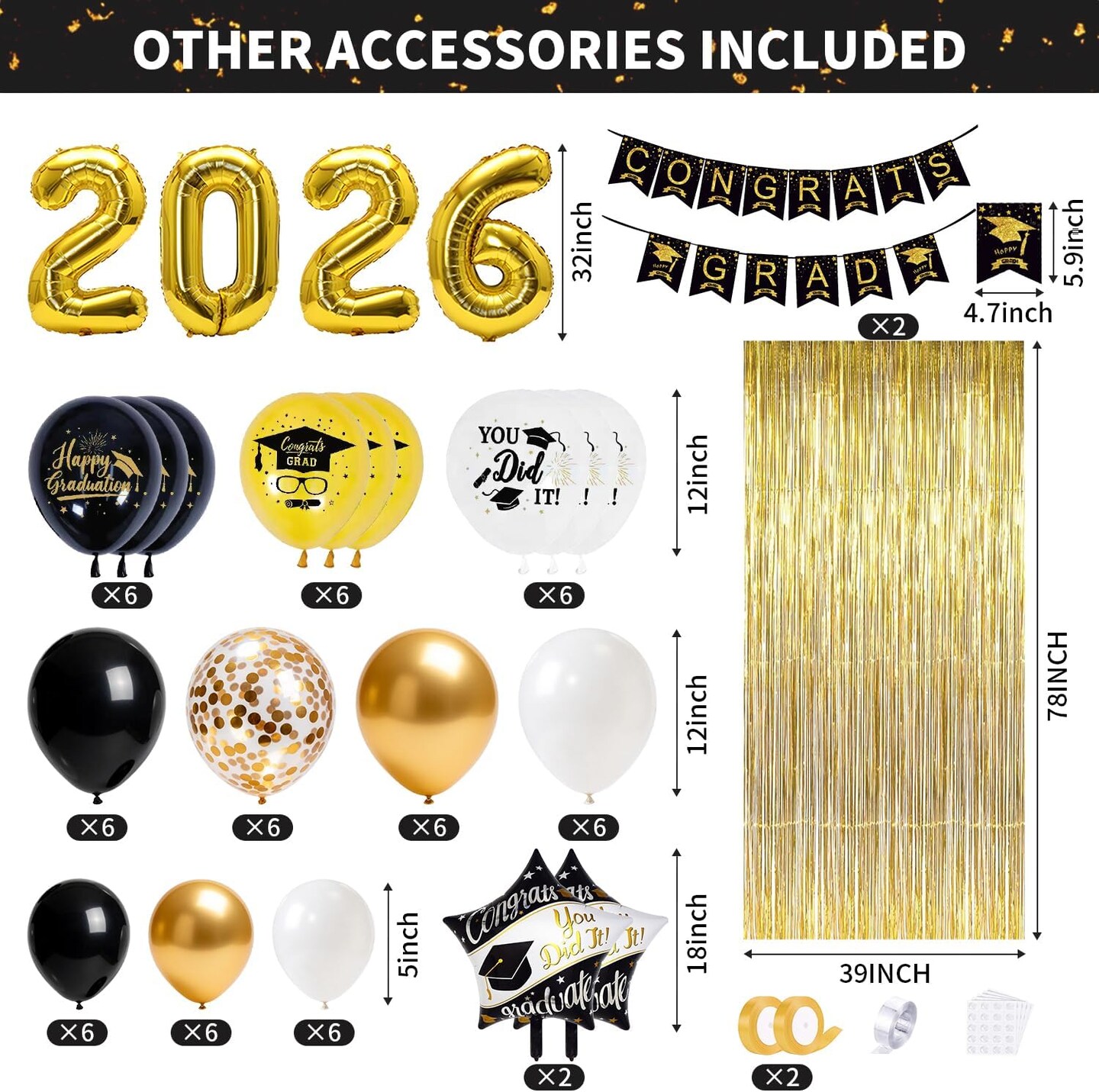 Graduation Party Decoration Class of 2026, 89PCS Black and Gold Graduation Decorations-Balloons Boxes with Letters, Foil Fringe Curtain Backdrop, Complete Graduation Party Supplies for Any Grades