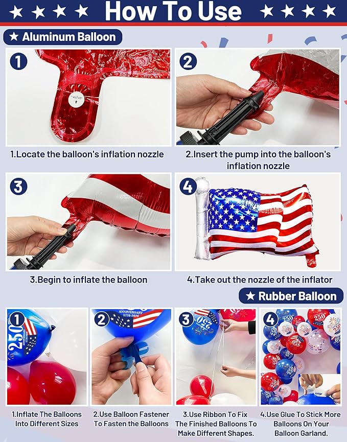 104 PCS Red White Blue Balloons - 4th of July Balloon Garland Arch Kit USA 250th Anniversary Decorations, Patriotic Balloons SA Flag Stars Round Glitter Balloons Arch for Independence Day Party Decor