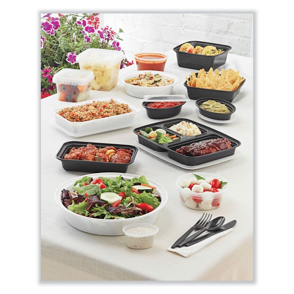 Pactiv Corp. Newspring VERSAtainer 3 Compartment 39 oz. 9 in. x 9 in. x 2.25 in. Round Plastic Microwavable Containers - Black/Clear