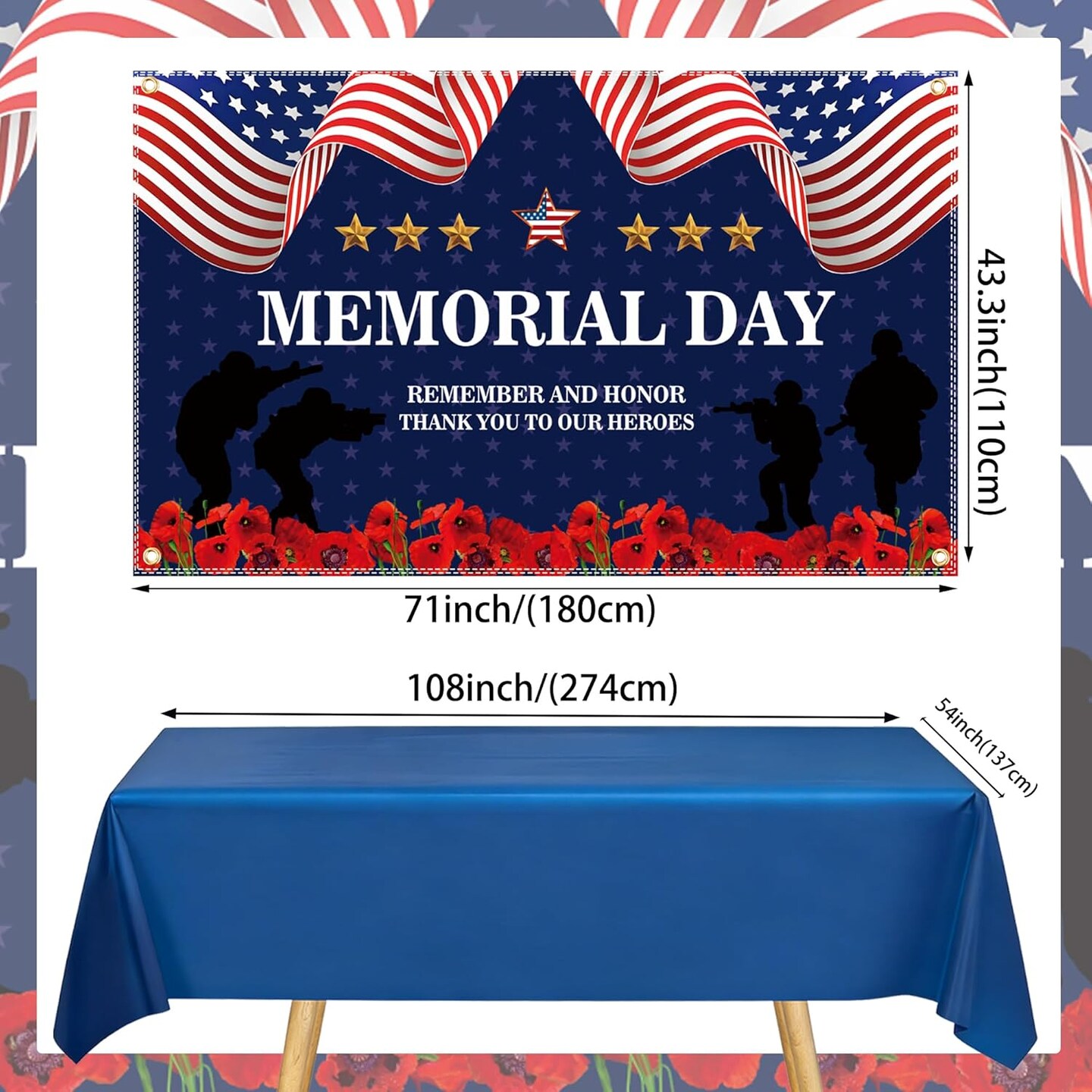 56PCS Memorial Day Party Kit with 6x4FT Patriotic Backdrop, Balloon Arch Strip & 50 Balloons – Red White Blue Decorations with Tablecloth for Remember & Honor USA Celebration Decor