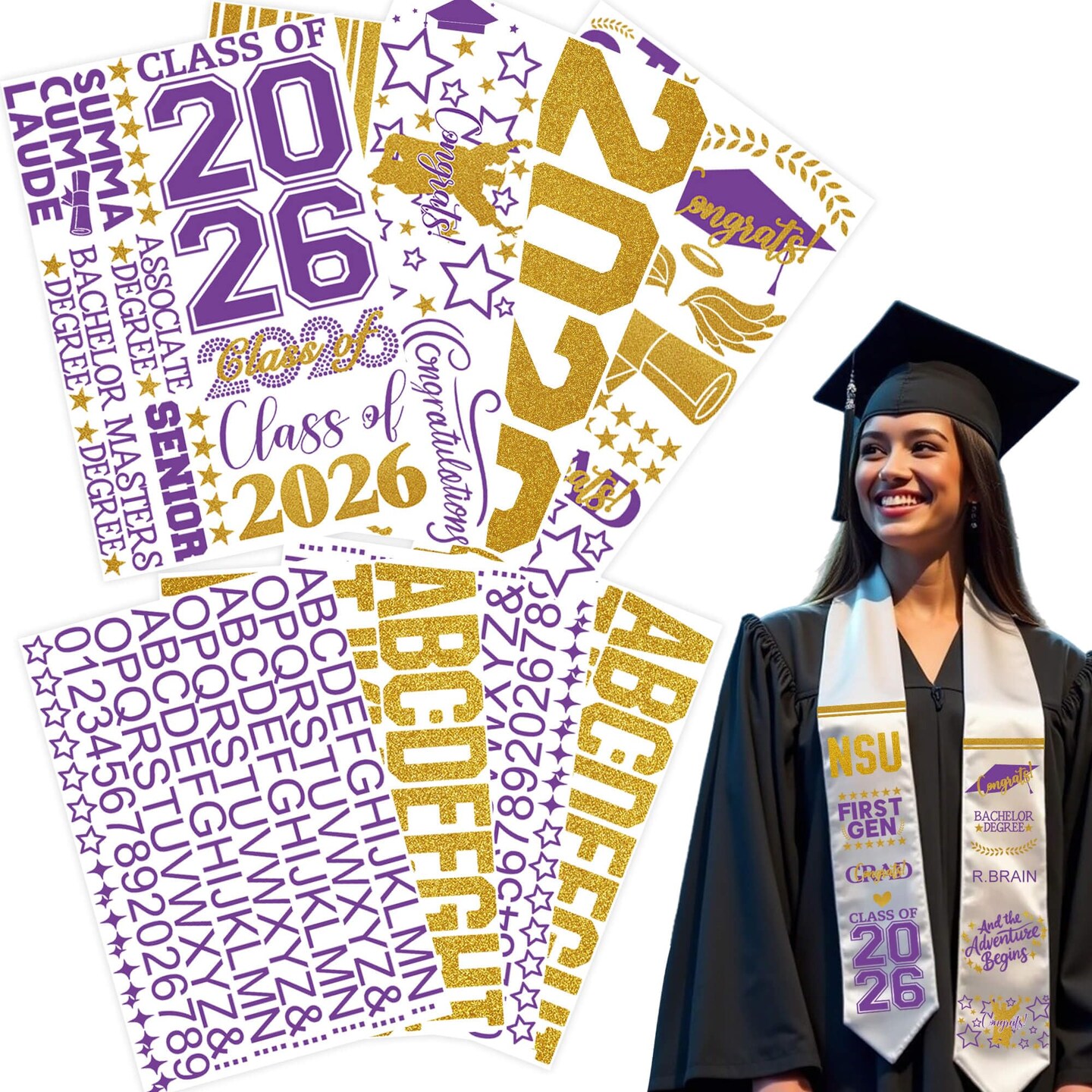 College First Generation Graduation Stole Sash Class of 2026 Decorations DIY Customize Grad Stole Sash Personalized Iron-On Decals Heat Transfer Vinyl HTV Cutouts Set, Purple Gold