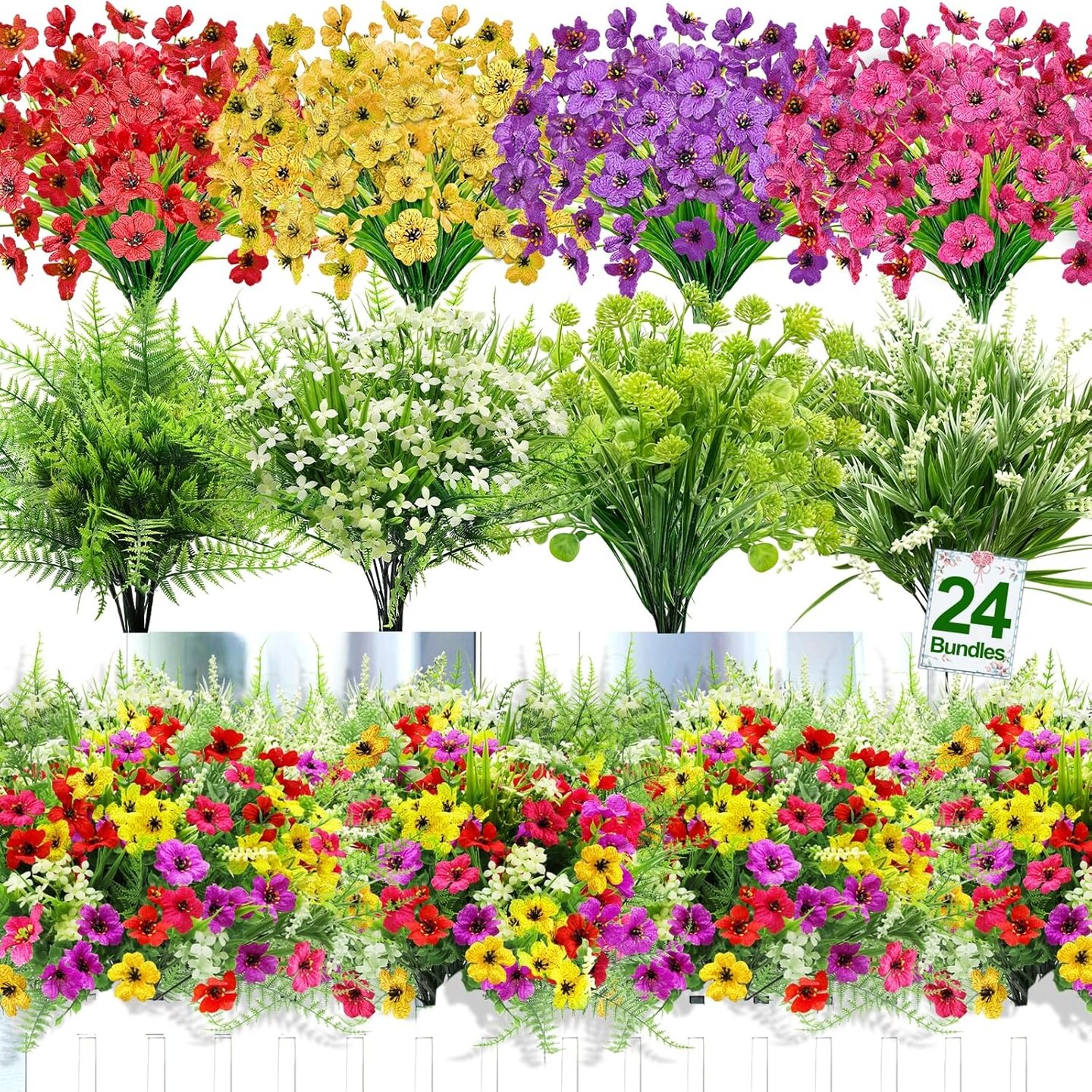 24 Bundles Artificial Flowers for Outdoors - UV Resistant Fake Flowers & Faux Plastic Plants - 8 Styles of Colorful Daisies, Boston Ferns, and Lavender - All-Season Decor for Porch, Patio, Window Boxes, and Cemetery