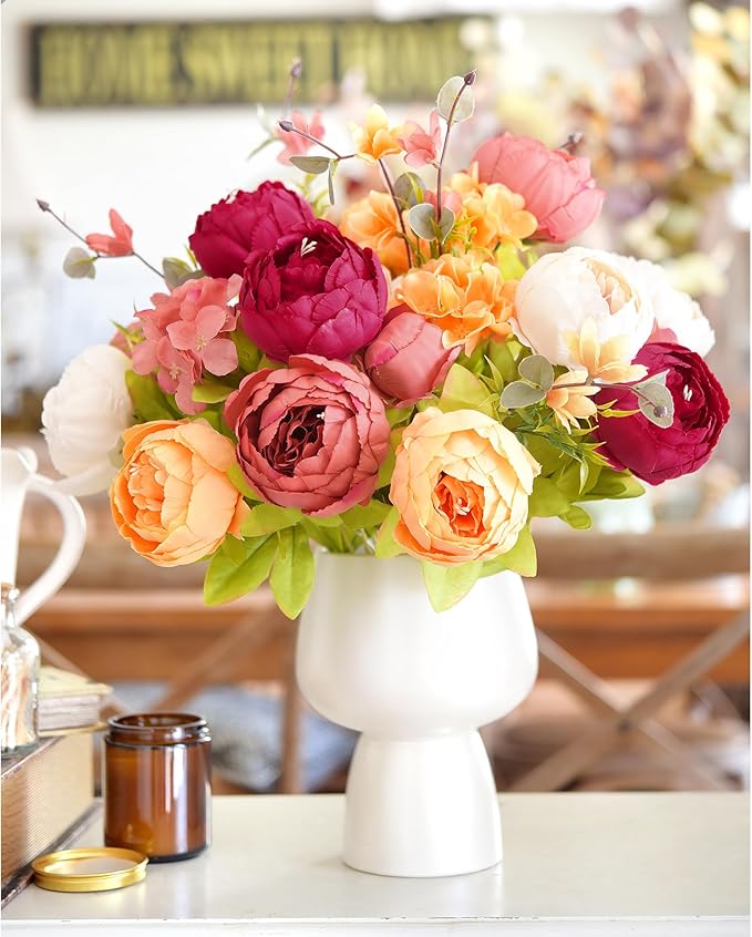 Artificial Peony Bouquets, 2 Silk Flower Bundles in Peach, Coral, Cream & Burgundy with Hydrangeas for Wedding Centerpieces & Home Decor (Country Delightful)