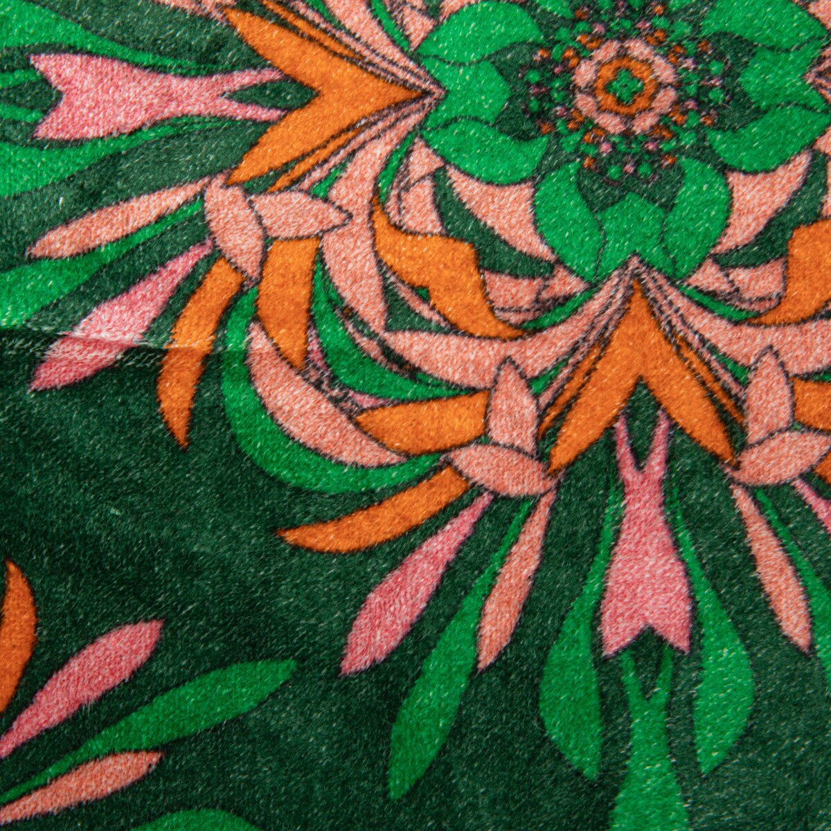 Hello Honey Cotton Blend Velvet Printed Pillow with Floral Pattern and Eyelash Fringe, Green, Pink and Orange