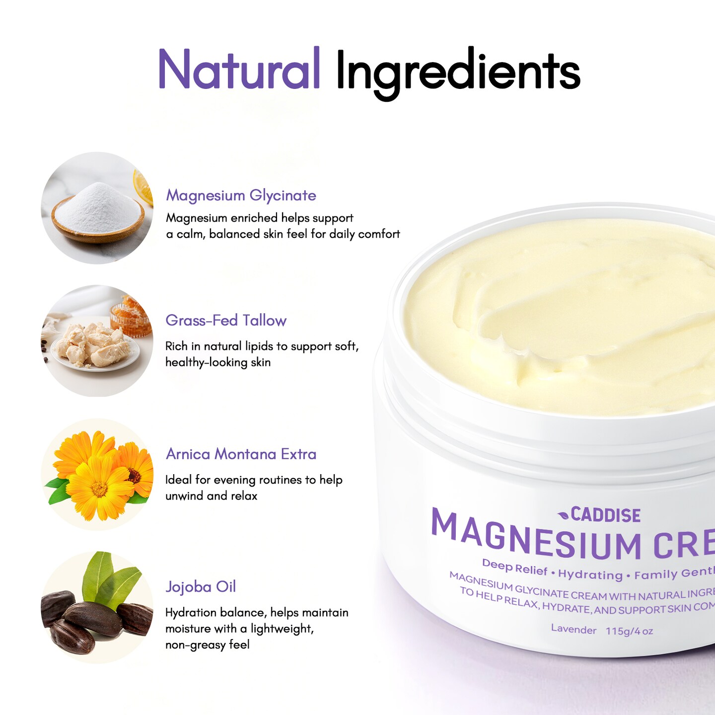 CADDISE Magnesium Lotion with Magnesium Glycinate, Fast-Absorbing Moisturizing Cream for Legs, Feet & Body, Non-Greasy, for Daily Comfort & Nighttime Routine, Gentle for Kids, Lavender, 4 fl oz