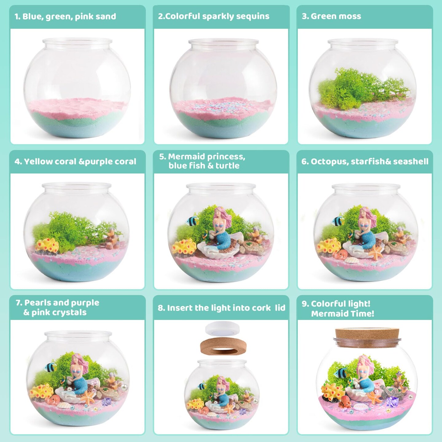 Mermaid Light-Up Terrarium Kit for Kids - LED Night Light Birthday Gift for Girls Ages 4 5 6 7 8-12 Year Old - Mermaid Toys for Girls - DIY Arts and Crafts Kit for Kids